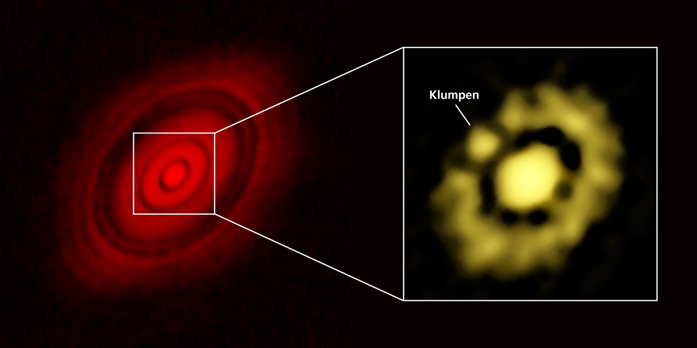 Abbildung 2: Die protoplanetare Staubscheibe um den jungen Stern HL Tauri, links: frühere Beobachtungen mit dem ALMA-Observatorium, die durch Lücken getrennte helle Lücken zeigten; rechts: die neuen Beobachtungen mit dem VLA, die zusätzliche Strukturen der inneren Ringe sichtbar machen. Bei dem als Klumpen gekennzeichneten Objekt dürfte es sich um ein Planetenembryo handeln - eine Region, in der gerade ein Planet entsteht.