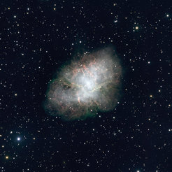 Abb. 7: Am Ende ihres nur wenige Millionen Jahre dauernden Lebens explodieren massereiche Sterne als gewaltige Supernovae, deren Leutkraft die Helligkeit ganzer Galaxien übertrifft. Danach bleibt ein Supernova-Überrest zurück: Der Crab-Nebel (hier in einer Aufnahme des neuen LBT gezeigt) ist ein berühmtes Beispiel einer Solchen »Sternleiche«. Die Supernova, die ihn erzeugte, explodierte im jahre 1054 im Sternbild Stier.