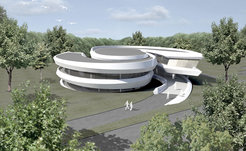 Abb. 10: Auf dem Gelände des Max-Planck-Instituts für Astronomie entsteht das Haus der Astronomie, in dem alle an die Öffentlichkeit gerichteten Aktivitäten der Heidelberger Astronomen gebündelt werden. Baubeginn soll im September 2009, Fertigstellung im September 2011 sein. Die Planung des Gebäudes liegt bei den Architekten Bernhardt und Partner in Darmstadt.