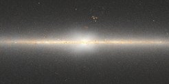 Abbildung 2: In dieser Karte der zentralen Regionen der Milchstraße ist die X-förmige Verteilung von Sternen sichtbar. Die Karte wurde von Dustin Lang aus Daten des NASA-Infrarotsatelliten WISE erstellt.