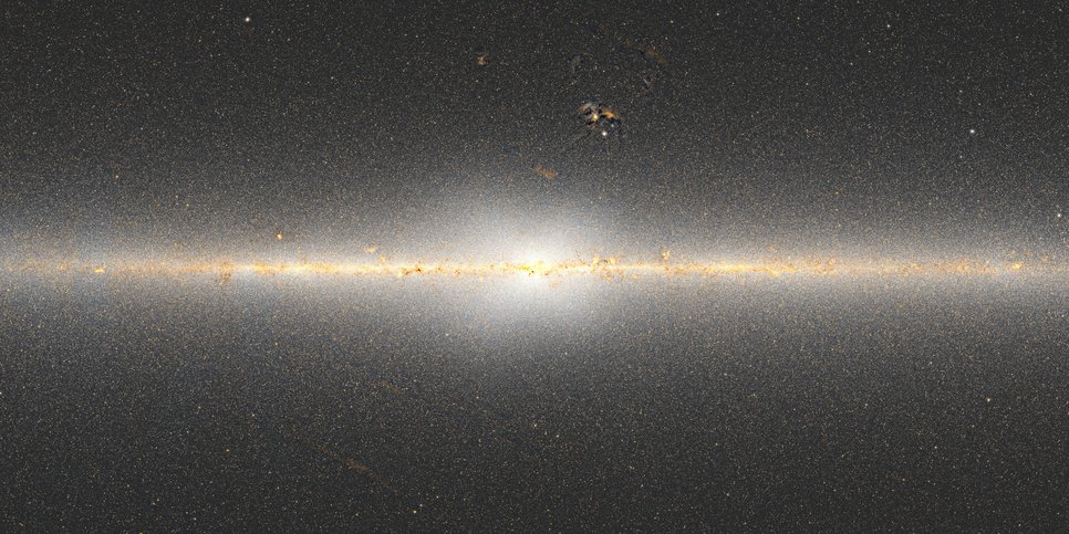 Abbildung 2: In dieser Karte der zentralen Regionen der Milchstraße ist die X-förmige Verteilung von Sternen sichtbar. Die Karte wurde von Dustin Lang aus Daten des NASA-Infrarotsatelliten WISE erstellt.