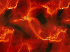 <strong>Fig. 2:</strong>Computer simulation of star formation in a turbulent gas cloud. These and similar simulations were used by Kainulainen andhis colleagues to test their method for reconstructing the three-dimensional structure of such clouds. Regions in which starsare forming are marked by circles; brighter colors correspond to more massive stars.