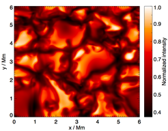 Continuum intensity at 500nm emergent vertically from a snapshot of a 3D hydrodynamical model solar atmosphere calculated by Remo Collet using the Stagger code.