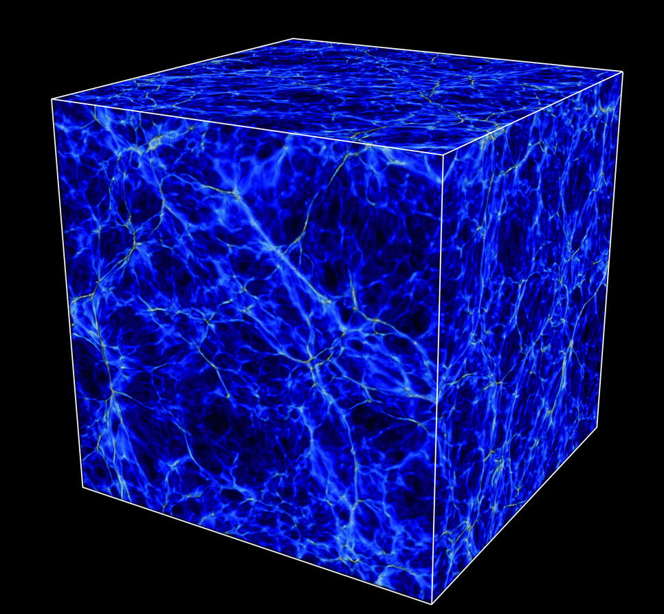 Abbildung 1: Schnappschuss einer Supercomputer-Simulation des kosmischen Netzwerks vor 11,5 Milliarden Jahren. Mehrere solcher Modelle wurden erzeugt und anschließend mit den Quasar-Beobachtungen verglichen, um Rückschlüsse auf die Eigenschaften des Universums kurz nach der Reionisierungs-Ära zu ziehen. Die Seitenlänge des gezeigten würfelförmigen Ausschnitts beträgt 24 Millionen Lichtjahre.