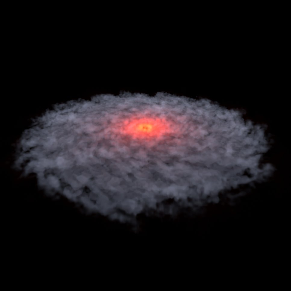 Künstlerische Darstellung der Gas- und Staubscheibe um das planetenartige Objekt OTS44. Erste Radiobeobachtungen sprechen dafür, dass OTS44 auf ähnliche Weise entstanden ist wie ein junger Stern.