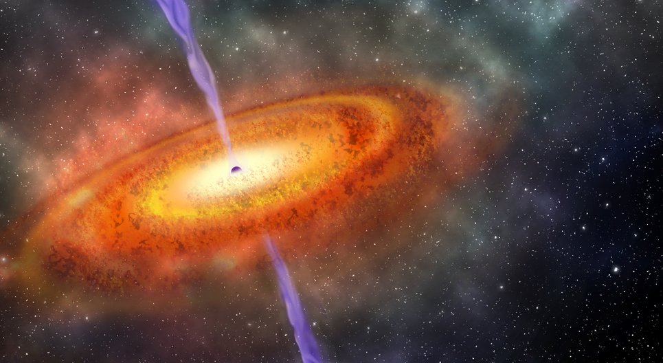 Künstlerische Darstellung eines Quasars: ein supermassereiches Schwarzes Loch, umgeben von einer Akkretionsscheibe aus heißer Materie. Astronomen haben den fernsten bisher bekannten Quasar gefunden und die Beobachtungsdaten genutzt, um Informationen über das frühe Universum zu erhalten.