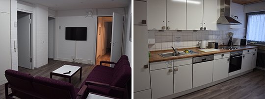 A shared lounge (left) is available to all guests, and so is a common kitchen (right) equipped with oven, microwave, fridge, as well as cutlery and dishes.