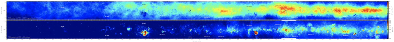 THOR (HI/OH/Recombination line survey of the Milky Way) data: The top panel presents the integrated atomic HI gas emission whereas the bottom panel shows the 1.4GHz continuum emission that mainly stems from HII regions, supernova remnants and extragalactic background sources.