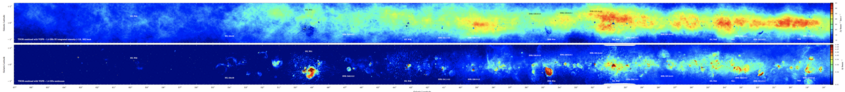 THOR (HI/OH/Recombination line survey of the Milky Way) data: The top panel presents the integrated atomic HI gas emission whereas the bottom panel shows the 1.4GHz continuum emission that mainly stems from HII regions, supernova remnants and extragalactic background sources. THOR (HI/OH/Recombination line survey of the Milky Way) data: The top panel presents the integrated atomic HI gas emission whereas the bottom panel shows the 1.4GHz continuum emission that mainly stems from HII regions, supernova remnants and extragalactic background sources.