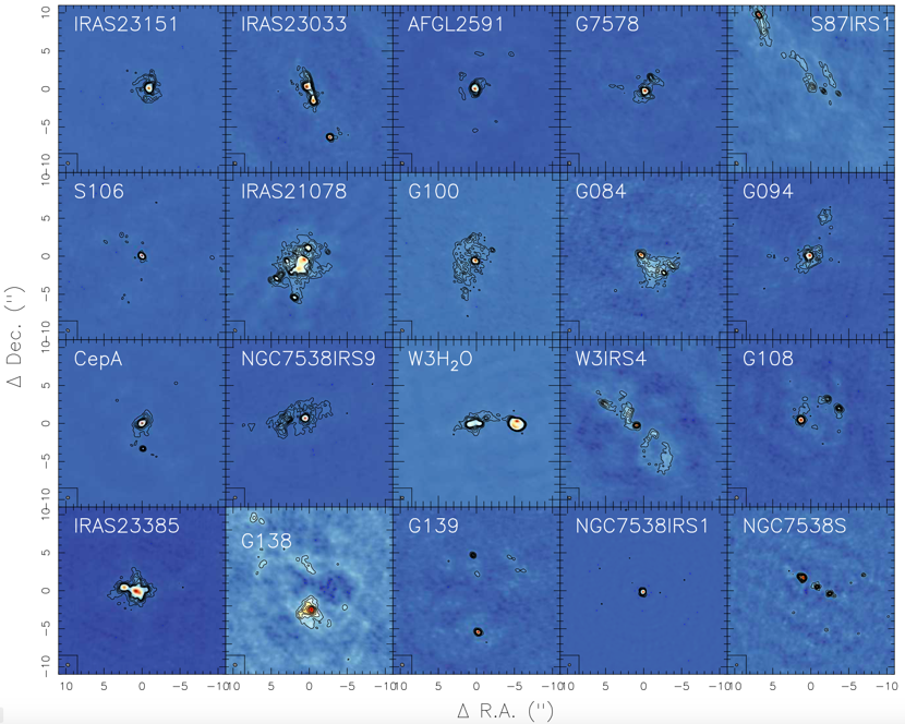 Millimeter continuum images of the NOEMA CORE project studying 20 high-mass star-forming regions. Millimeter continuum images of the NOEMA CORE project studying 20 high-mass star-forming regions.
