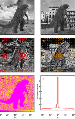 Fig. 3: Illustration of the method of the histogram of relative orientations (HRO). A pair of images (a and b) is characterised by the slope and the direction of their brightness variations, called gradients (c and d). The distribution of the relative orientation angles makes the corresponding areas visible in which the gradients of the two images coincide (e), i.e. the angle difference there is 0°. The histogram of the relative orientations (f) summarises the frequencies of the individual pairwise angle differences. The number of angles around 0° corresponds to the agreement of the orientations in both images.