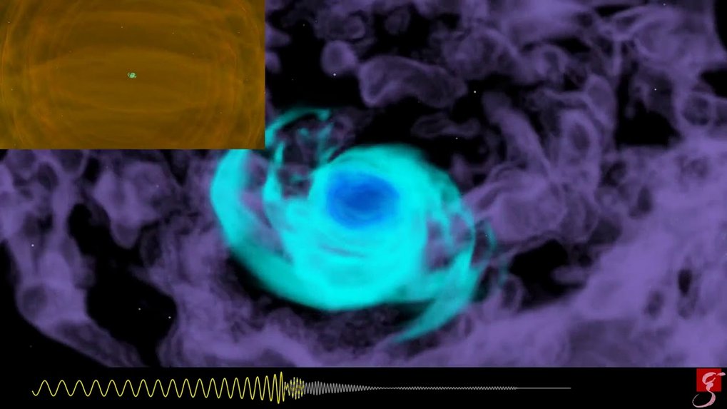This numerical relativity simulation shows the merger of two neutron stars caused by the gravitational signal GW170817 depicted at the bottom edge of the image.