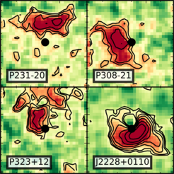 Reconstructed images showing the diversity of the distribution of hydrogen gas (black contours and red colors) near four high-redshift quasars and their host galaxies. The contributions of the bright quasars marked by black dots have been removed. The field of view of these images is 6" x 6" (1" = 1 arc second), which corresponds to a physical size of about 100,000 light years.