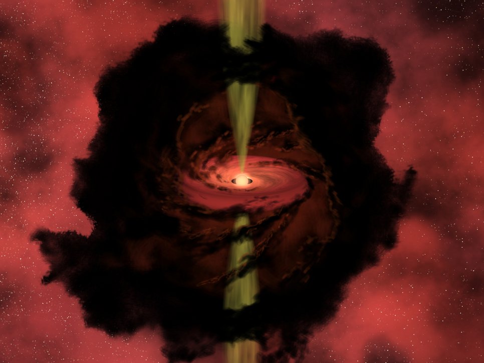 Artistic impression of a protostar that accretes gas from a circumstellar disk and grows. Part of the material is ejected by jets perpendicular to the plane of the disk. Gas continues to fall from the outer shell onto the disk. This can produce instabilities, which occasionally lead to increased infall onto the protostar. Since protostars are deeply embedded in dense clouds, they are difficult to observe directly.