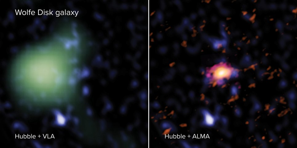 Die Wolfe-Scheibe, gesehen mit ALMA (rechts - in rot), mit dem VLA (links - in grün) und dem Hubble-Weltraumteleskop (beide Bilder - blau). Im Radiolicht betrachtete ALMA die Bewegungen der Galaxie und maß die Masse des atomaren Gases und des Staubs, während das VLA die Masse des molekularen Gases bestimmte. Im UV-Licht beobachtete das Hubble-Weltraumteleskop massereiche Sterne. Das VLA-Bild wurde mit einer geringeren räumlichen Auflösung als das ALMA-Bild aufgenommen und sieht daher größer und pixeliger aus.