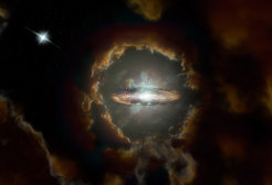 Artist impression of the Wolfe Disk, a massive rotating disk galaxy in the early, dusty universe. The galaxy was initially discovered when ALMA examined the light from a more distant quasar (top left).
