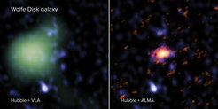 The Wolfe Disk as seen with ALMA (right - in red), VLA (left - in green) and the Hubble Space Telescope (both images - blue). In radio light, ALMA looked at the galaxy’s movements and mass of atomic gas and dust and the VLA measured the amount of molecular mass. In UV-light, Hubble observed massive stars. The VLA image is made in a lower spatial resolution than the ALMA image, and therefore looks larger and more pixelated.