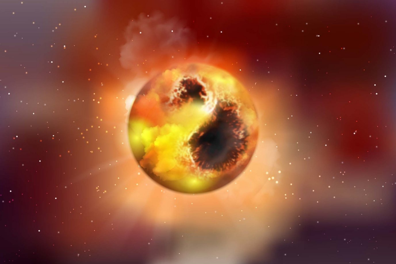 An artist's impression of the Red Supergiant Betelgeuse. Its surface is covered by large star spots, which reduce its brightness. During their pulsations, such stars regularly release gas into their surroundings, which condenses into dust.