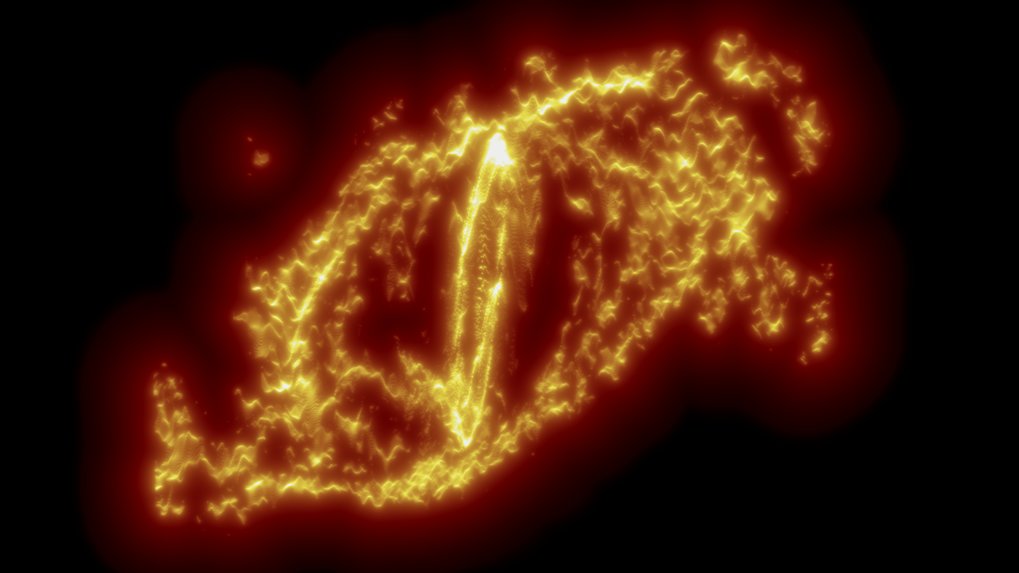 Visualisierung der beobachteten Geschwindigkeitsströmungen in der Spiralgalaxie NGC 4321, gemessen mit Hilfe der Radioemission des molekularen Gases (Kohlenmonoxid). Entlang der vertikalen Achse zeigt dieses Bild die Geschwindigkeiten des Gases, während die horizontale Achse die räumliche Ausdehnung der Galaxie darstellt. Die wellenförmigen Schwingungen der Gasgeschwindigkeit sind in der gesamten Galaxie sichtbar.