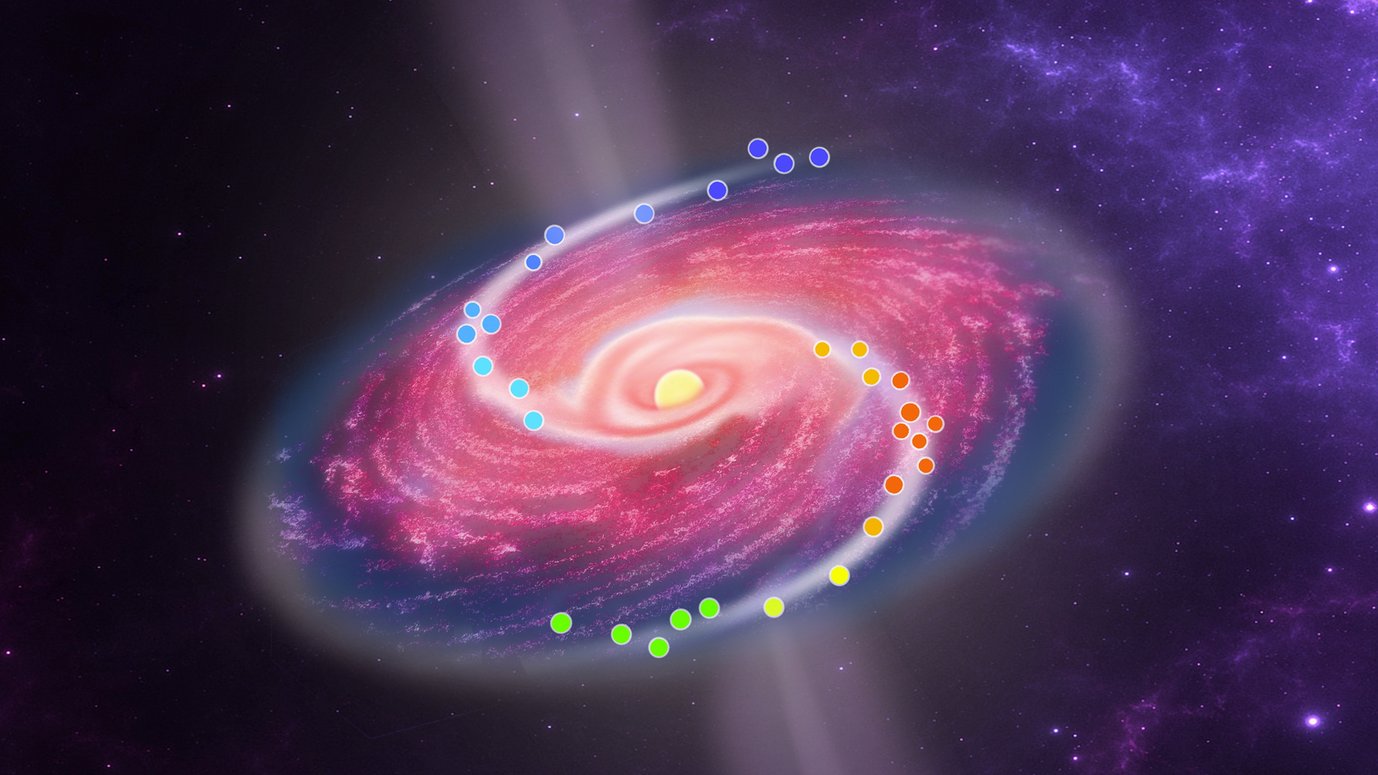 Artistic impression of the immediate vicinity of the massive protostar G358-MM1. The disk that surrounds it has formed a spiral structure that is visible through characteristic emissions of masers. This structure suggests a massive disk of gas and dust, which becomes unstable under its own gravity and partly disintegrates into compact packets that feed the protostar in bites.
