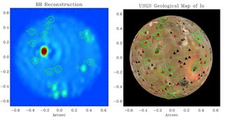 Interferometrische Aufnahme des Jupitermonds Io mit dem LBT am 24. Dezember 2013 (links) im Vergleich zu einem Bild auf der Grundlage von Aufnahmen von Weltraummissionen der NASA (Voyager 1, 2 bzw. Galileo; rechts). Der Lavasee des Vulkans Loki ist in Dunkelrot auf dem LBT-Bild zu sehen. Die Kreise markieren die Positionen von weiteren Vulkanen auf Io. Interferometrische Aufnahme des Jupitermonds Io mit dem LBT am 24. Dezember 2013 (links) im Vergleich zu einem Bild auf der Grundlage von Aufnahmen von Weltraummissionen der NASA (Voyager 1, 2 bzw. Galileo; rechts). Der Lavasee des Vulkans Loki ist in Dunkelrot auf dem LBT-Bild zu sehen. Die Kreise markieren die Positionen von weiteren Vulkanen auf Io.