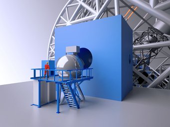 Computergeneriertes Bild des METIS-Instruments am E-ELT. Computergeneriertes Bild des METIS-Instruments am E-ELT.