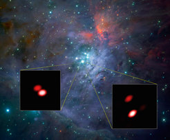 Schon bei der Inbetriebnahme machte GRAVITY eine Entdeckung: Eine der Komponenten des Sternhaufens im Zentrum des Orionnebels (Theta1 Orionis F) stellte sich als Doppelstern heraus. Ebenfalls zu sehen ist der hellere Doppelstern Theta1 Orionis C (unten rechts).
Das Hintergrundbild stammt vom ISAAC-Instrument am Very Large Telescope der ESO. Die Nahansichten der Sterne stammen von GRAVITY und übertreffen in der Auflösung auch das Hubble-Weltraumteleskop.