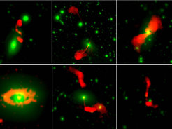 Diese Komposition aus sechs Bildern zeigt weit entfernte Galaxien. Grün sind der optisch sichtbare und der nahe Infrarotbereich dargestellt. Nur im Radiowellenbereich (rot) sind die verborgenen Aktivitäten der zentralen Schwarzen Löcher, die tief im Inneren der Galaxien liegen aber zum Energieausstoß weit über deren Grenzen hinaus führen, zu sehen. Die Radiowellen kartieren aber auch die Geburtsstätten neuer Sterne, wie am Beispiel einer nähergelegenen Galaxie zu sehen ist, wo ein heller rötlicher Ring zeigt, dass sich Sternentstehung über die gesamte Ausdehnung der Heimatgalaxie erstreckt (links unten).