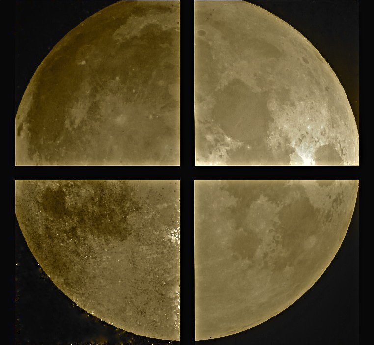 Abbildung. 1: Der Vollmond am 6. November um 22:06 UT im Nah-Infrarot – nicht gerade ein typisches Beobachtungsziel für ein Großteleskop. Die Aufnahme illustriert hier aber sehr gut das große Gesichtsfeld von PANIC – insbesondere für eine astronomische Infrarotkamera keine Selbstverständlichkeit. Da der Mond nur drei Tage vom erdnächsten Punk seiner Bahn entfernt war, passte er doch nicht ganz auf das Mosaik, dessen Detektoren jeweils 75 Bogensekunden voneinander getrennt sind (schwarze Spalten). Die Aufnahme hat eine Belichtungszeit von 1.6 s und wurde durch ein nur 1% breites Filter zentriert auf 2.118 µm Wellenlänge erstellt. Klaus Meisenheimer: »Trotz des schmalen Filters und der kurzen Belichtung mussten wir das Teleskop mithilfe der Kuppel "abblenden" um eine Überbelichtung zu vermeiden«. Das Rohbild ist nur leicht auf die ortsabhängige Detektor-Empfindlichkeit (unterschiedliche Helligkeit der Quadranten) und schlechte Pixel korrigiert. Eine Dunkelstromkorrektur fand nicht statt.