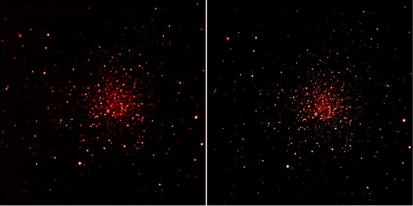 Abbildung 1: Der Kugelsternhaufen NGC 2419 – links ohne und rechts mit adaptiver Korrektur mithilfe der ARGOS Laserleitsterne. Die erhöhte Bildschärfe ist deutlich erkennbar. Weiterhin sieht man, dass die höhere Auflösung (0.2-0.3 Bogensekunden) zudem auch zu einer verbesserten Detektion schwächerer Sterne führt, weil das Licht der Objekte auf weniger Pixel verteilt wird und so das Signal-zu-Rausch-Verhältnis deutlich steigt. Abbildung 1: Der Kugelsternhaufen NGC 2419 – links ohne und rechts mit adaptiver Korrektur mithilfe der ARGOS Laserleitsterne. Die erhöhte Bildschärfe ist deutlich erkennbar. Weiterhin sieht man, dass die höhere Auflösung (0.2-0.3 Bogensekunden) zudem auch zu einer verbesserten Detektion schwächerer Sterne führt, weil das Licht der Objekte auf weniger Pixel verteilt wird und so das Signal-zu-Rausch-Verhältnis deutlich steigt.