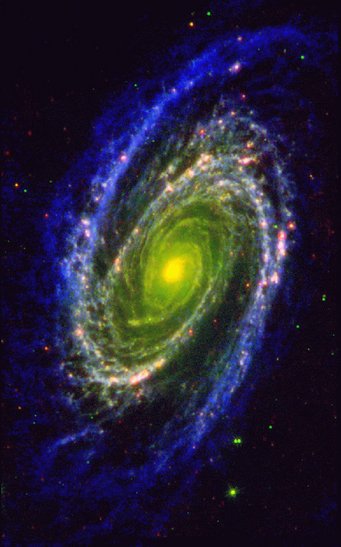 Abb.1: Die Galaxie M 81 als Beispiel für eine prächtige Spiralgalaxie, hier beobachtet bei Wellenlängen vom Infrarot bis zum Radiobereich Abb.1: Die Galaxie M 81 als Beispiel für eine prächtige Spiralgalaxie, hier beobachtet bei Wellenlängen vom Infrarot bis zum Radiobereich
