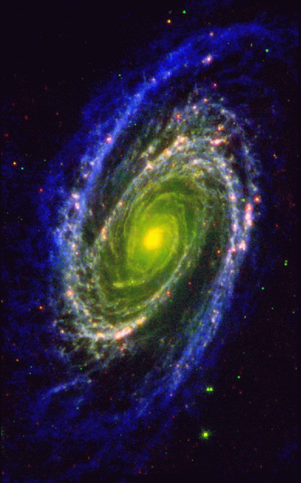 Abb.1: Die Galaxie M 81 als Beispiel für eine prächtige Spiralgalaxie, hier beobachtet bei Wellenlängen vom Infrarot bis zum Radiobereich