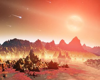 Abb.: 1: Künstlerische Darstellung der Oberfläche eines hypothetischen Planeten, der einen kühlen Stern umkreist. Wenn es auf einem solchen Planeten eine Art Ursuppe gibt, aus der sich Leben entwickeln kann – im Bild im Vordergrund – dann hat sie wahrscheinlich eine andere Zusammensetzung als die Ursuppe, aus der das Leben auf der Erde entstand. Abb.: 1: Künstlerische Darstellung der Oberfläche eines hypothetischen Planeten, der einen kühlen Stern umkreist. Wenn es auf einem solchen Planeten eine Art Ursuppe gibt, aus der sich Leben entwickeln kann – im Bild im Vordergrund – dann hat sie wahrscheinlich eine andere Zusammensetzung als die Ursuppe, aus der das Leben auf der Erde entstand.