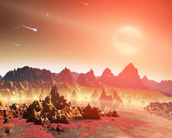 Abb.: 1: Künstlerische Darstellung der Oberfläche eines hypothetischen Planeten, der einen kühlen Stern umkreist. Wenn es auf einem solchen Planeten eine Art Ursuppe gibt, aus der sich Leben entwickeln kann – im Bild im Vordergrund – dann hat sie wahrscheinlich eine andere Zusammensetzung als die Ursuppe, aus der das Leben auf der Erde entstand.