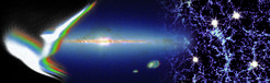Symbolbild der Haupt-Forschungsgebiete von SDSS-V, von links nach rechts: Eigenschaften von Sternen, von unserer Heimatgalaxie sowie der großräumigen Struktur im Universum.