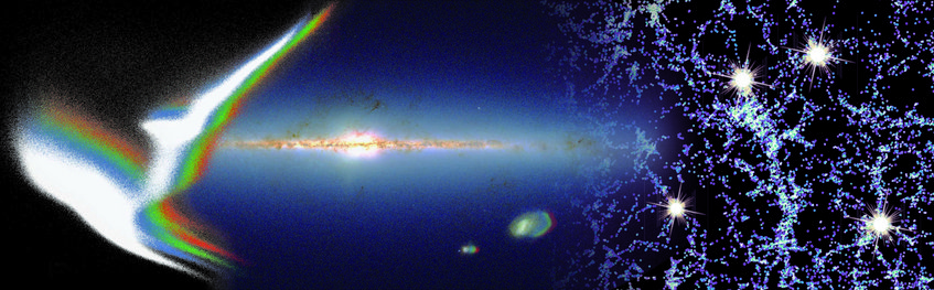 Symbolbild der Haupt-Forschungsgebiete von SDSS-V, von links nach rechts: Eigenschaften von Sternen, von unserer Heimatgalaxie sowie der großräumigen Struktur im Universum. Symbolbild der Haupt-Forschungsgebiete von SDSS-V, von links nach rechts: Eigenschaften von Sternen, von unserer Heimatgalaxie sowie der großräumigen Struktur im Universum.