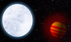Künstlerische Darstellung des heißen Sterns KELT-9 und seines Planeten KELT-9b, einem heißen Jupiter. Forscher haben jetzt die ausgedehnte Wasserstoffatmosphäre des Planeten nachgewiesen, die sich aufgrund der starken Aufheizung durch den Zentralstern nach und nach verflüchtigt.