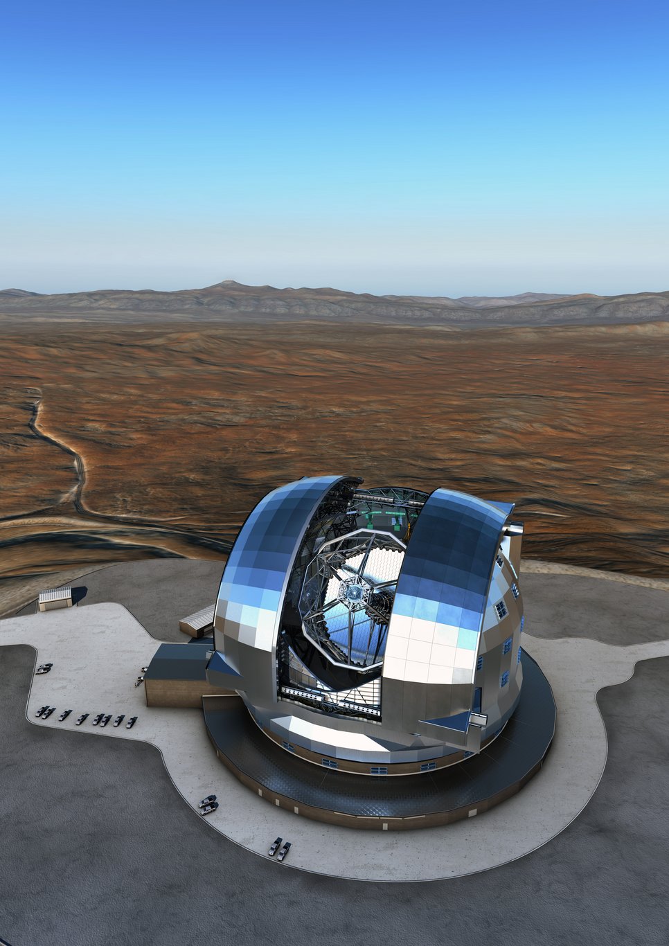 An artist's rendering of the European Extremely Large Telescope (E-ELT) in the Chilean Atacama Desert. Construction started in 2014 and first light is targeted for 2024.
