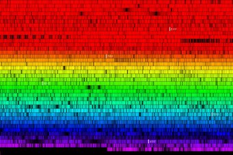 Stellar spectra - rainbow-like decompositions of starlight, here of the star Mu Leonis - play a key role in the films. Stellar spectra - rainbow-like decompositions of starlight, here of the star Mu Leonis - play a key role in the films.