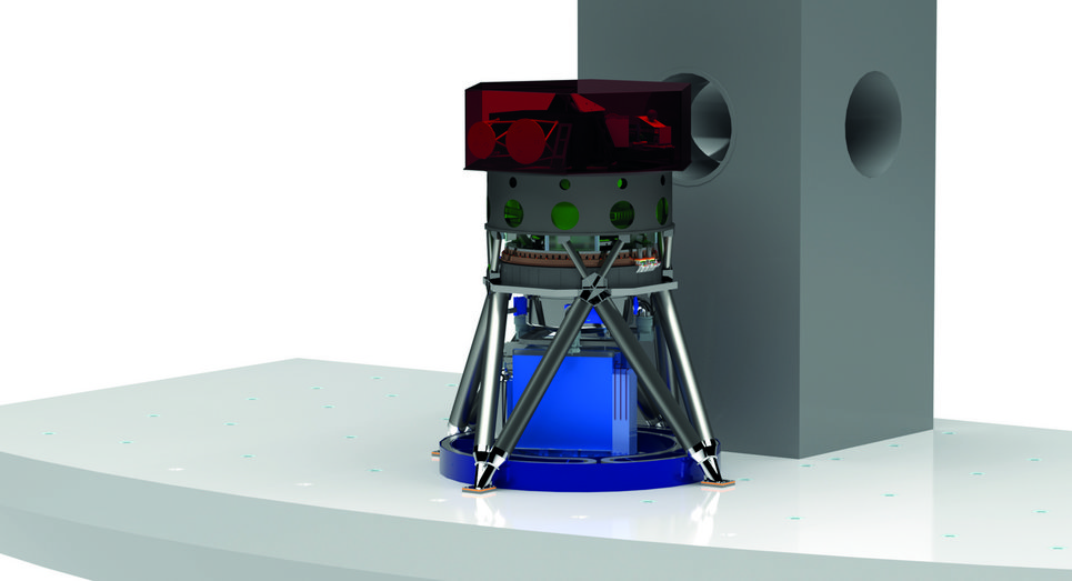 Illustration of MICADO on the E-ELT Nasmyth platform. Inside a fixed structure, the cryostat and wavefront sensors will be rotated by the MPIA built derotator to the extreme precision of 2 arcseconds. The light of the telescope enters the cryostat from above.