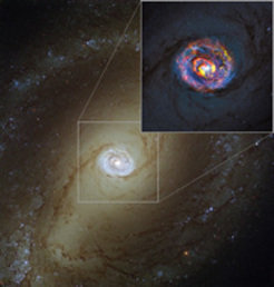 The main image, showing the nearby active galaxy NGC 1433, comes from the NASA/ESA Hubble Space Telescope. The coloured structures near the centre shown in the insert are from recent ALMA observations that have revealed a spiral shape, as well as an unexpected outflow, for the first time.