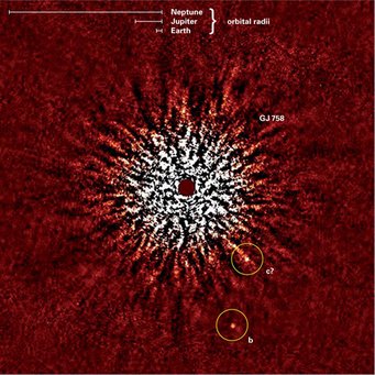 Figure 1: The August 2009 discovery image of GJ 758 b, taken with Subaru HiCIAO in the near infrared. Without the special technique employed here (angular differential imaging), the star's glare would overwhelm the signals from the planet candidates. Figure 1: The August 2009 discovery image of GJ 758 b, taken with Subaru HiCIAO in the near infrared. Without the special technique employed here (angular differential imaging), the star's glare would overwhelm the signals from the planet candidates.