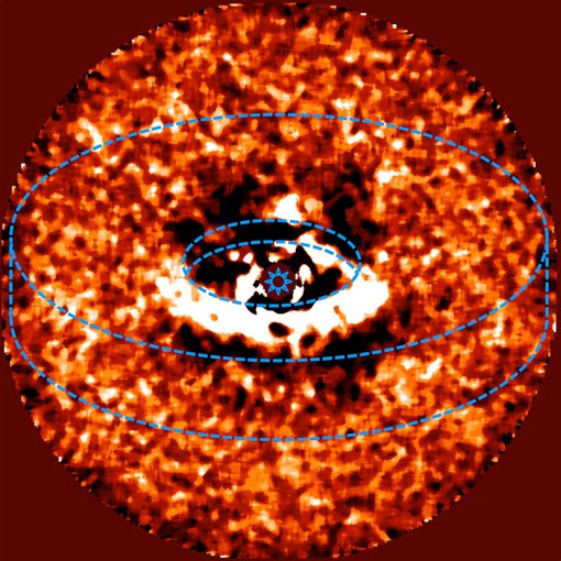 Figure 3: This image shows a reconstruction of the geometry of the disk around LkCa 15 (dashed blue lines), superimposed on the HiCIAO image. The bright arc represents light from the central star (LkCa 15) that reflects off the surface of the disk. This kind of light scattering is particularly effective at grazing angles, which is why most of the observed light comes from the near side of the disk. Figure 3: This image shows a reconstruction of the geometry of the disk around LkCa 15 (dashed blue lines), superimposed on the HiCIAO image. The bright arc represents light from the central star (LkCa 15) that reflects off the surface of the disk. This kind of light scattering is particularly effective at grazing angles, which is why most of the observed light comes from the near side of the disk.
