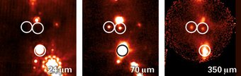 Figure 1: Three of the PACS Bright Red Sources (PBRS) found with the Herschel Space Observatory, which appear to be among the youngest known protostars. The leftmost panel shows an image taken with the Spitzer Space Telescope (at 24 µm) in which the upper two objects are completely invisible, while the lower one is not clearly identifiable as a protostar. The two panels on the right show images taken with the Herschel Space Observatory (at 70 µm) and with the APEX submillimeter telescope (at 350 µm), which allowed for the identification of all three objects as some of the earliest known protostars yet. Figure 1: Three of the PACS Bright Red Sources (PBRS) found with the Herschel Space Observatory, which appear to be among the youngest known protostars. The leftmost panel shows an image taken with the Spitzer Space Telescope (at 24 µm) in which the upper two objects are completely invisible, while the lower one is not clearly identifiable as a protostar. The two panels on the right show images taken with the Herschel Space Observatory (at 70 µm) and with the APEX submillimeter telescope (at 350 µm), which allowed for the identification of all three objects as some of the earliest known protostars yet.