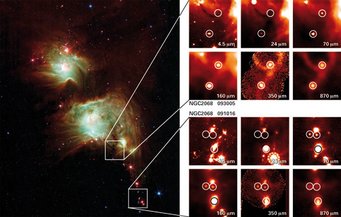 Figure 2: The large-scale image shows the reflection nebula M 78, or NGC 2068, in the constellation Orion, imaged with the Spitzer Space Telescope. Blue represents 3.6 µm and 4.5 µm light and green shows light of 5.8 µm and 8 µm, both captured by Spitzer's infrared array camera IRAC. Red represents 24 µm light detected by Spitzer's multiband imaging photometer MIPS. The smaller-scale images show a total of five of the PACS Bright Red Sources (PBRS) discovered by Stutz et al. Their status as very young and dense protostars could not be determined without Herschel and APEX, and some of the sources are not even visible in the Spitzer images. At longer wavelengths (70 µm and 160 µm with Herschel-PACS, 350 µm and 870 µm with the APEX telescope) they shine brightly, as would be expected for very cold objects. Their low temperatures are the key to identifying these objects as protostars in the earliest stages currently known. Figure 2: The large-scale image shows the reflection nebula M 78, or NGC 2068, in the constellation Orion, imaged with the Spitzer Space Telescope. Blue represents 3.6 µm and 4.5 µm light and green shows light of 5.8 µm and 8 µm, both captured by Spitzer's infrared array camera IRAC. Red represents 24 µm light detected by Spitzer's multiband imaging photometer MIPS. The smaller-scale images show a total of five of the PACS Bright Red Sources (PBRS) discovered by Stutz et al. Their status as very young and dense protostars could not be determined without Herschel and APEX, and some of the sources are not even visible in the Spitzer images. At longer wavelengths (70 µm and 160 µm with Herschel-PACS, 350 µm and 870 µm with the APEX telescope) they shine brightly, as would be expected for very cold objects. Their low temperatures are the key to identifying these objects as protostars in the earliest stages currently known.