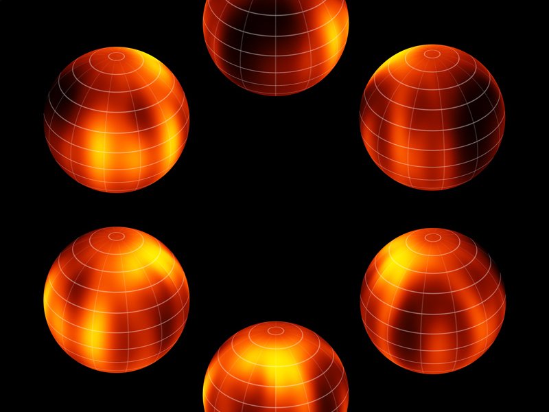 Figure 1: Different views of the surface map of Luhman 16B recreated from VLT observations