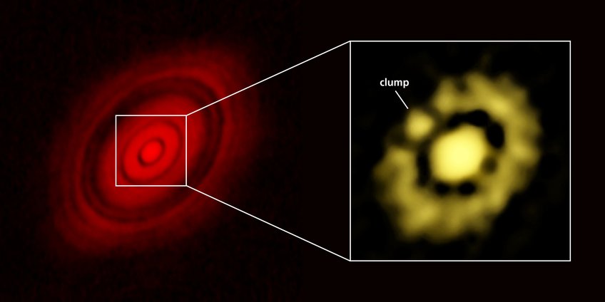 Dust disk around HL Tauri, left: ALMA observations from 2015 that show a disk structure with bright rings separated by gaps. Right: New VLA observations of the innermost region of the disk. The clearly visible lump is likely to be a planetary embryo, which is bound to become a fully fledged planet over the next millions of years. Dust disk around HL Tauri, left: ALMA observations from 2015 that show a disk structure with bright rings separated by gaps. Right: New VLA observations of the innermost region of the disk. The clearly visible lump is likely to be a planetary embryo, which is bound to become a fully fledged planet over the next millions of years.