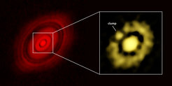 Dust disk around HL Tauri, left: ALMA observations from 2015 that show a disk structure with bright rings separated by gaps. Right: New VLA observations of the innermost region of the disk. The clearly visible lump is likely to be a planetary embryo, which is bound to become a fully fledged planet over the next millions of years.