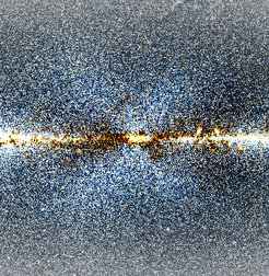 Figure 1: X marks the spot: This image was especially enhanced to show the X-shaped distribution around the bulge more clearly. The image shows the central 30 degrees of galactic longitude and 30 degrees of galactic latitude, and is based on data from the NASA space telescope WISE.