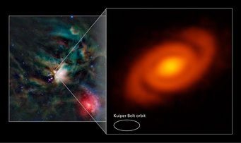 Infrared image of the Rho Ophiuchi star formation region at a distance of 450 light years (left). The image on the right shows thermal dust emission from the protoplanetary disk surrounding the young star Elias 2-27. Infrared image of the Rho Ophiuchi star formation region at a distance of 450 light years (left). The image on the right shows thermal dust emission from the protoplanetary disk surrounding the young star Elias 2-27.